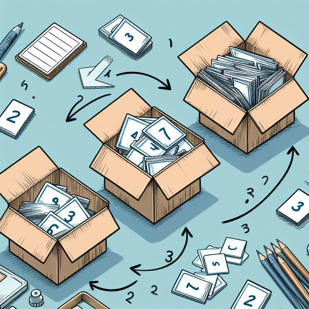 A imagem explica o uso dos flashcards. Ela apresenta 3 caixas com cartões em cima de uma mesa. Existem alguns materiais escolares ao redor, como lápis, bloco de notas e papéis.
O desenho mostra a caixa 1 com uma seta para a 2. Depois, a caixa 2 com uma seta para a 3. Isso porque os cartões serão passados de caixa, nesta ordem, à medida que ocorrem os acertos.