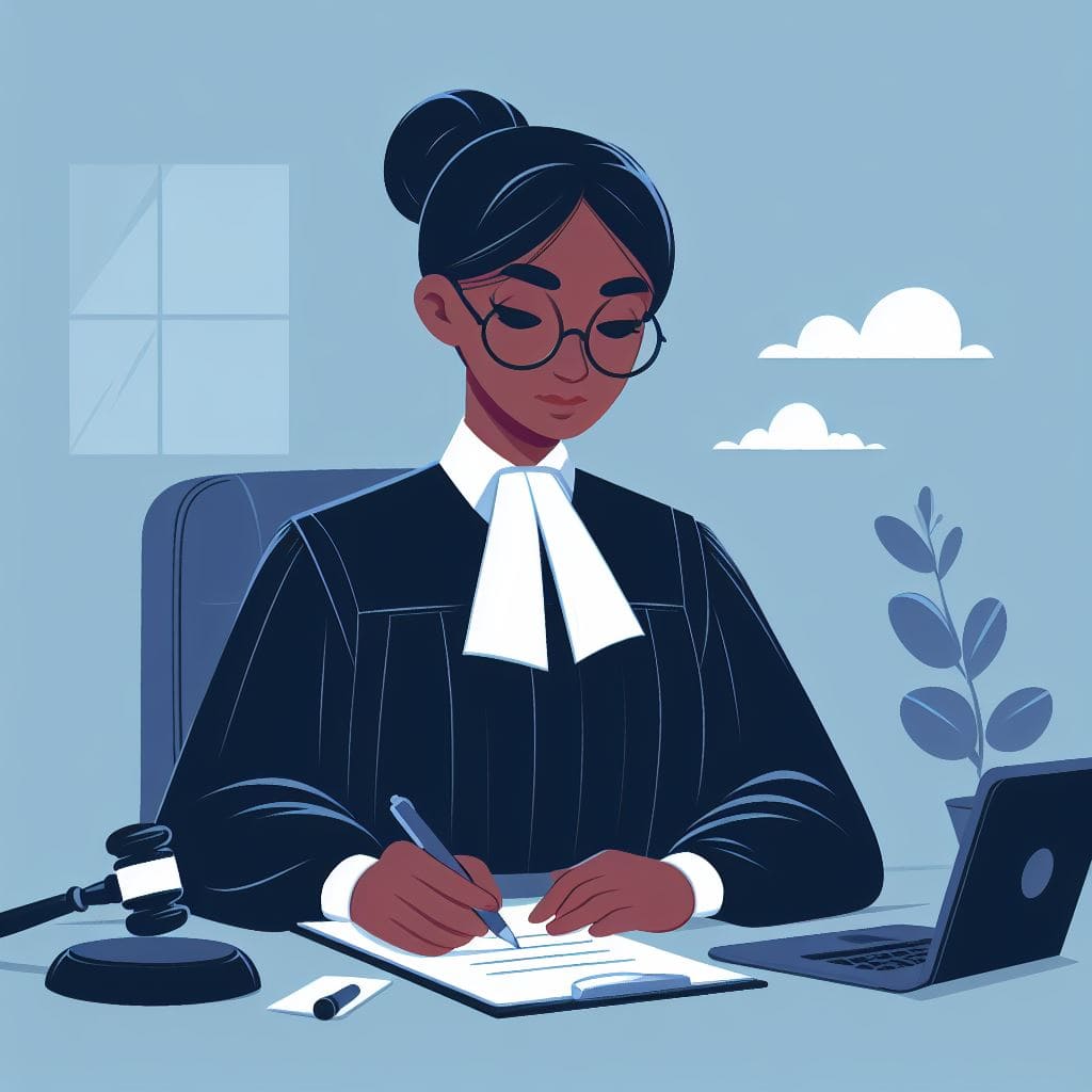 Juiza, mulher preta, assinando papéis sobre a mesa. A doutora está desenhada com cores sóbrias e postura tranquila. A imagem ilustra a jurisdição civil como método de solução de conflitos.