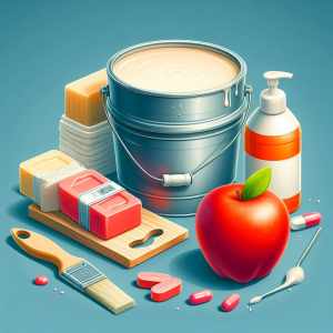 Balde de tinta circundado por uma maça, um pote plástico de shampoo, um pincel e pílulas de medicamento. A imagem ilustra os produtos não duraveis.