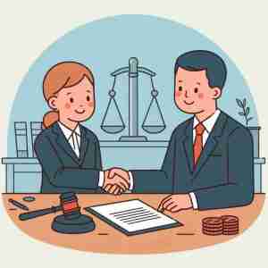 Advogada apertando a mão de um magistrado na sala de audiências.