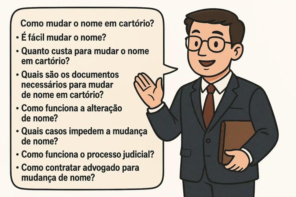 A imagem mostra um advogado em estilo cartoon, com terno escuro, gravata e óculos, segurando uma pasta marrom e sorrindo. Ao lado dele, há um balão de fala com o texto:
O objetivo é resumir o que será visto no conteúdo: "Como mudar o nome em cartório?
É fácil mudar o nome?
Quanto custa para mudar o nome em cartório?
Quais são os documentos necessários para mudar de nome em cartório?
Como funciona a alteração de nome?
Quais casos impedem a mudança de nome?
Como funciona o processo judicial?
Como contratar advogado para mudança de nome?"
O fundo da imagem é branco e o estilo é educativo e acessível.