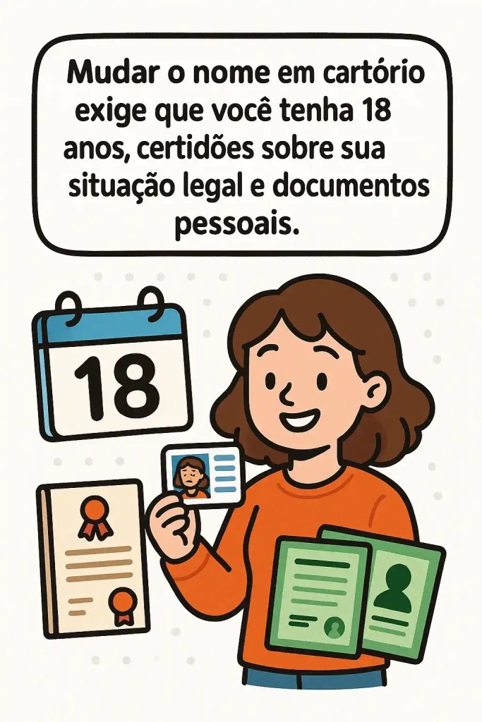 Requisitos para mudar o nome: "Mudar o nome em cartório exige que você tenha 18 anos, certidões sobre sua situação legal e documentos pessoais."
