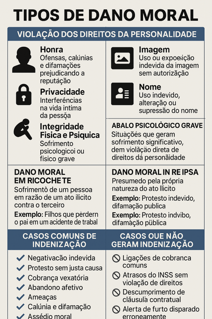 Infográfico com o seguinte texto:

Tipos de Dano Moral
1. Violação dos Direitos da Personalidade
- Honra: Ofensas, calúnias e difamações prejudicando a reputação.
- Imagem: Uso ou exposição indevida da imagem sem autorização.
- Privacidade: Interferências na vida íntima da pessoa.
- Nome: Uso indevido, alteração ou supressão do nome.
- Integridade Física e Psíquica: Sofrimento psicológico ou físico grave.
2. Abalo Psicológico Grave
- Situações que geram sofrimento significativo, sem violação direta de direitos da personalidade.
3. Dano Moral em Ricochete
- Sofrimento de uma pessoa em razão de um ato ilícito contra um terceiro.
Exemplo: Filhos que perdem o pai em um acidente de trabalho.
4. Dano Moral In Re Ipsa
- Dano presumido pela própria natureza do ato ilícito, sem necessidade de comprovação de sofrimento.
Exemplo: Protesto indevido, difamação pública.
Casos Comuns de Indenização
✅ Negativação indevida
✅ Protesto sem justa causa
✅ Cobrança vexatória
✅ Abandono afetivo
✅ Ameaças
✅ Calúnia e difamação
✅ Assédio moral
✅ Acidentes de trânsito e trabalho
Casos Que Não Geram Indenização
❌ Ligações de cobrança comuns
❌ Atrasos do INSS sem violação de direitos
❌ Descumprimento de cláusula contratual
❌ Alerta de furto disparado erroneamente

