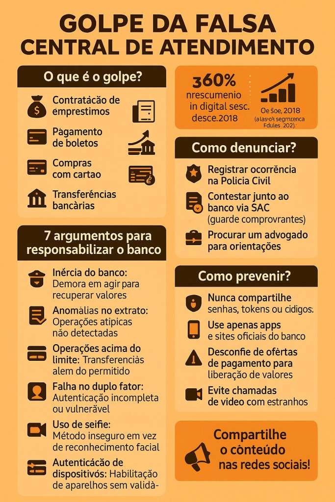 Resumo do texto. Informações do infográfico são:
O que é o golpe?

Criminosos se passam por funcionários de bancos para obter dados confidenciais (senhas, tokens, códigos SMS) e realizar operações indevidas:





Contratação de empréstimos



Pagamento de boletos



Compras com cartão



Transferências bancárias

Crescimento de 360% nos casos de estelionato digital desde 2018 (Atlas da Segurança Pública, 2024).

Como denunciar?





Registrar ocorrência na Polícia Civil



Contestar junto ao banco via SAC (guarde comprovantes)



Procurar um advogado para orientações

SAC dos principais bancos:





Banco do Brasil: 0800 729 0722



Caixa Econômica: 0800 725 7474



Bradesco: 0800 704 8383



Itaú: 0800 570 0011



Santander: 0800 762 7777



Nubank: 0800 591 2117

7 argumentos para responsabilizar o banco





Inércia do banco: Demora em agir para recuperar valores.



Anomalias no extrato: Operações atípicas não detectadas.



Operações acima do limite: Transferências além do permitido.



Falha no duplo fator: Autenticação incompleta ou vulnerável.



Uso de selfie: Método inseguro em vez de reconhecimento facial.



Autenticação de dispositivos: Habilitação de aparelhos sem validação.



Divergência de perfil: Operações fora do padrão de consumo.

Como prevenir?





Nunca compartilhe senhas, tokens ou códigos.



Use apenas apps e sites oficiais do banco.



Desconfie de ofertas de pagamento para liberação de valores.



Evite chamadas de vídeo com estranhos.

Direitos do consumidor





Culpa concorrente: Banco é responsável se houver falha de segurança (art. 14, CDC).



Possível ressarcimento, nulidade de contratos e indenização por danos morais.
Compartilhe o material nas suas redes sociais!