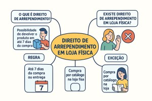 Mapa mental colorido em estilo cartoon sobre Direito de Arrependimento em Loja Física. No centro, um círculo amarelo com o título. À esquerda, explicação sobre o que é o direito de arrependimento e a regra dos 7 dias para compras a distância. À direita, a pergunta sobre a existência do direito em loja física com um ícone de 'X' e, abaixo, a exceção para compras por catálogo dentro da loja física."